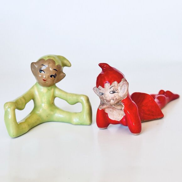 VTG (Gilner Pottery?) Green Red Ceramic Pixie Elf Elves Lot Christmas Retro - Picture 1 of 6
